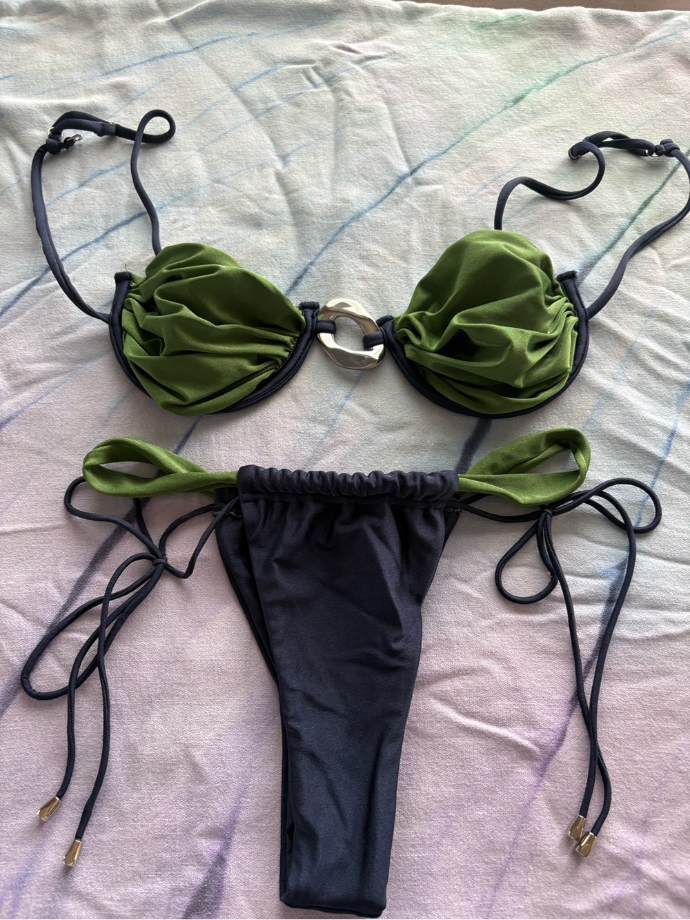 PALONDRE Swim Noa Olive Green and Navy blue Ring-Accent Ruched Women's Bikini
